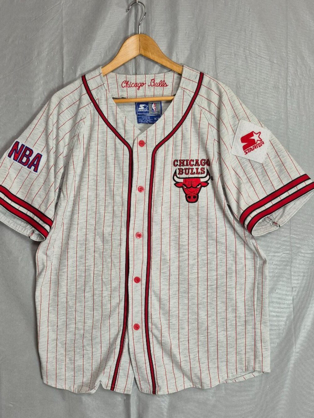 VTG 90s Starter Chicago Bulls White Pinstripe Baseball Jersey Men's Size M